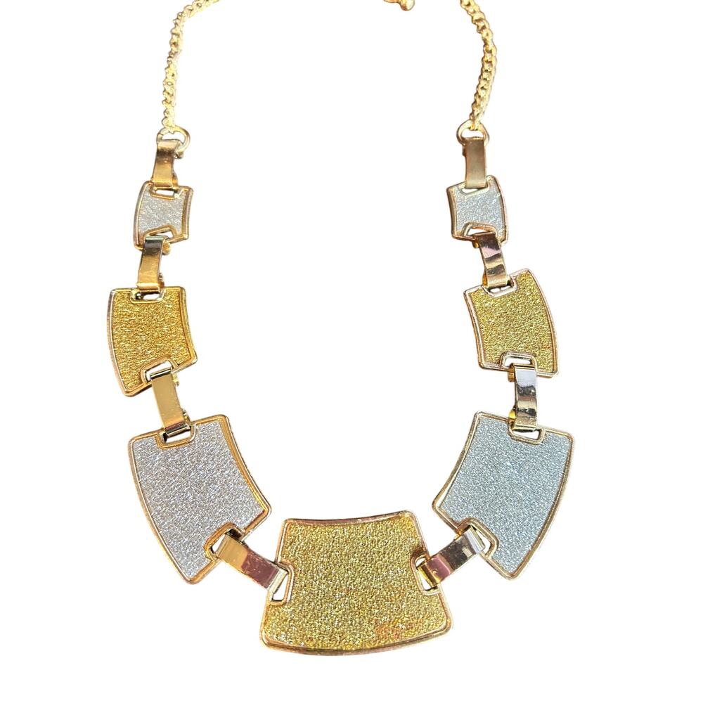 Vintage Two-Tone Textured Panel Link Statement Necklace